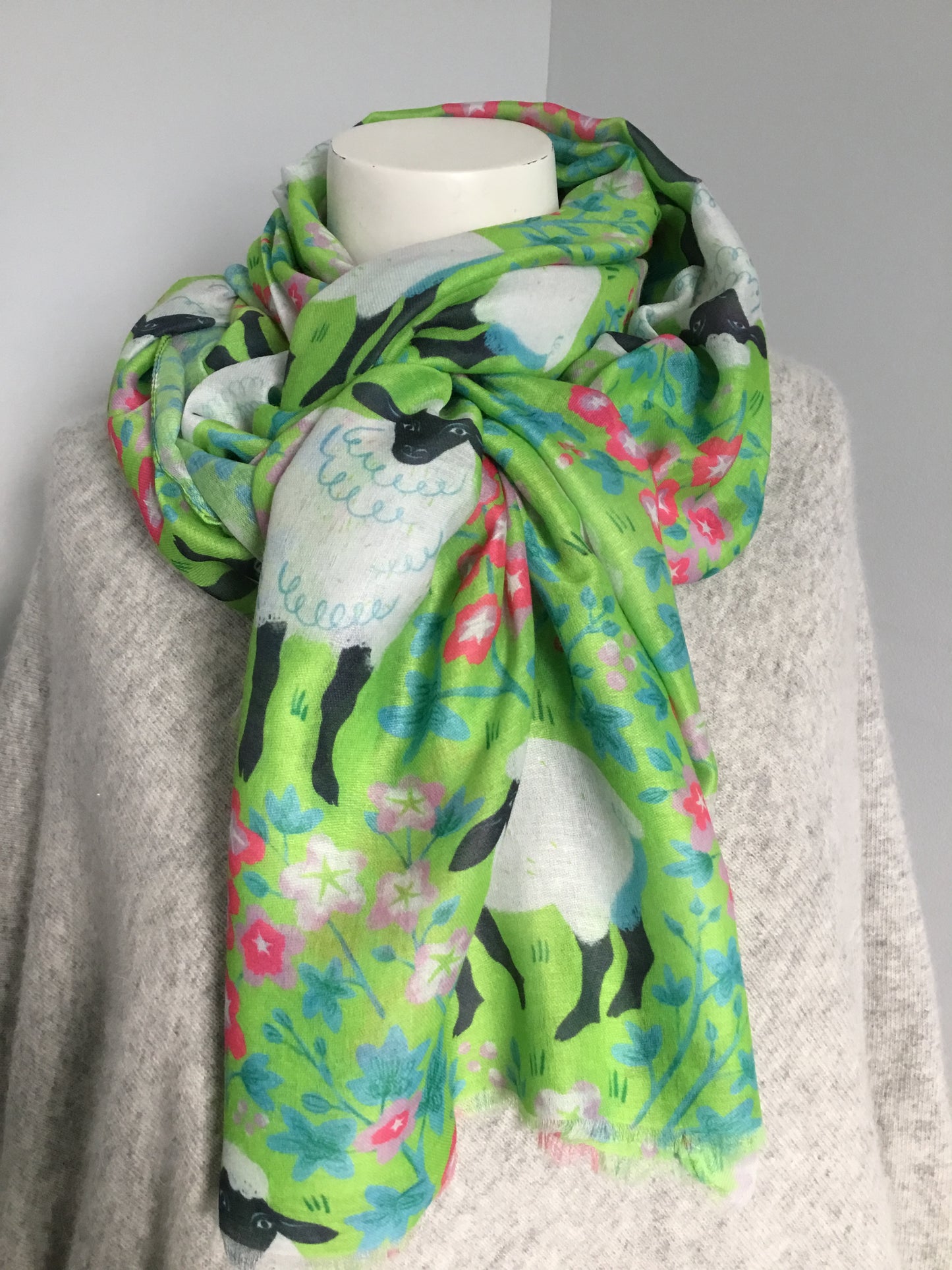 Cute Sheep and Spring Floral Frayed Edge Scarf.