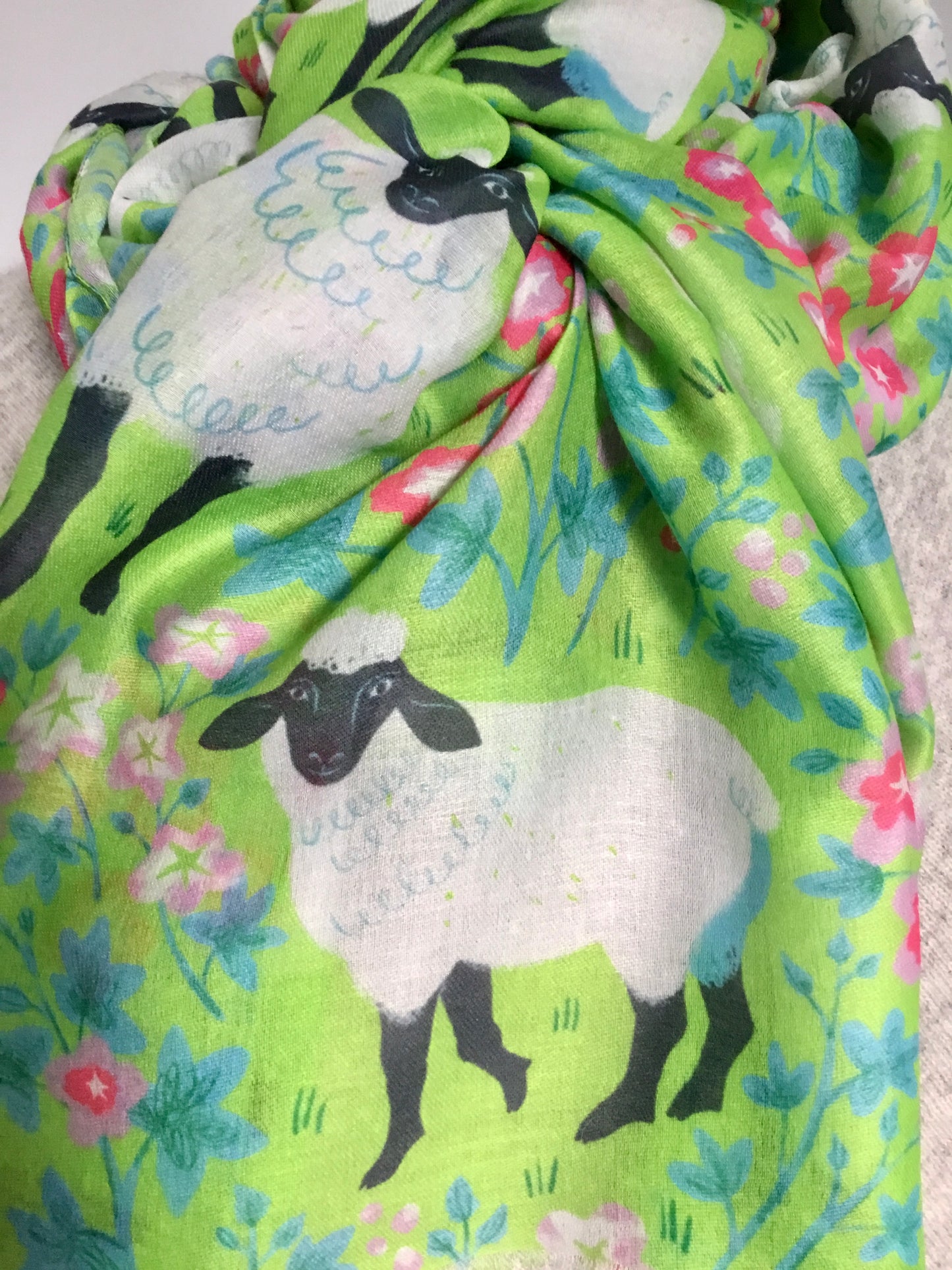 Cute Sheep and Spring Floral Frayed Edge Scarf.