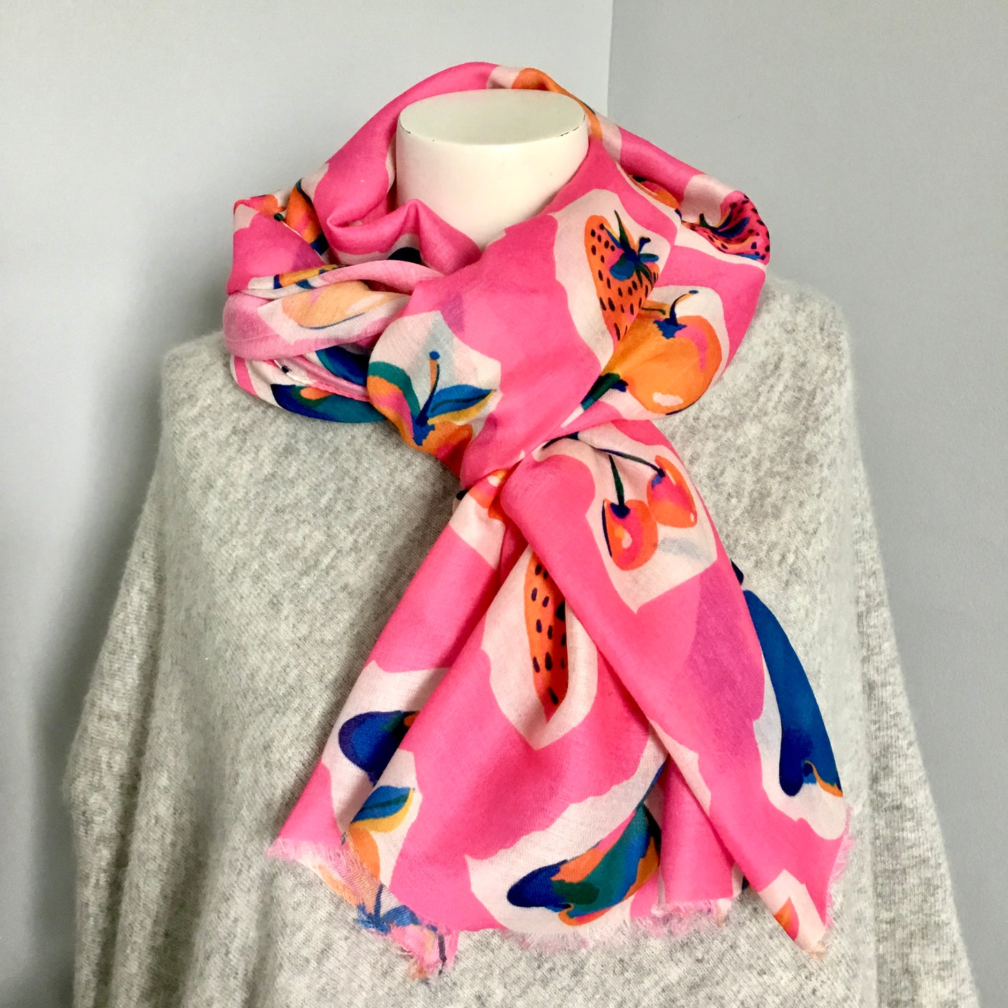 Mixed Fruit Print Frayed Scarf