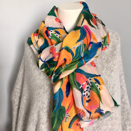 Tropical Fruit Print frayed edge scarf