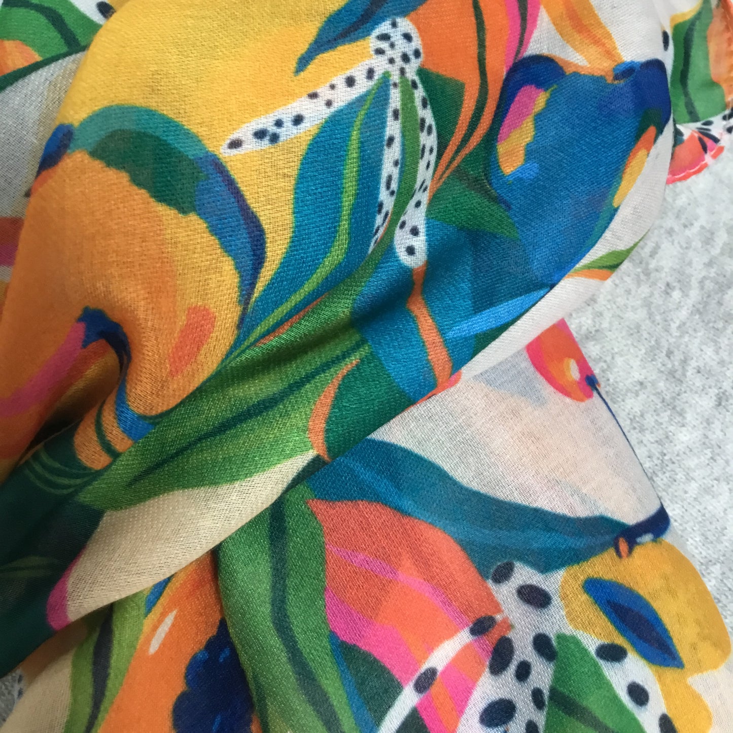 Tropical Fruit Print frayed edge scarf