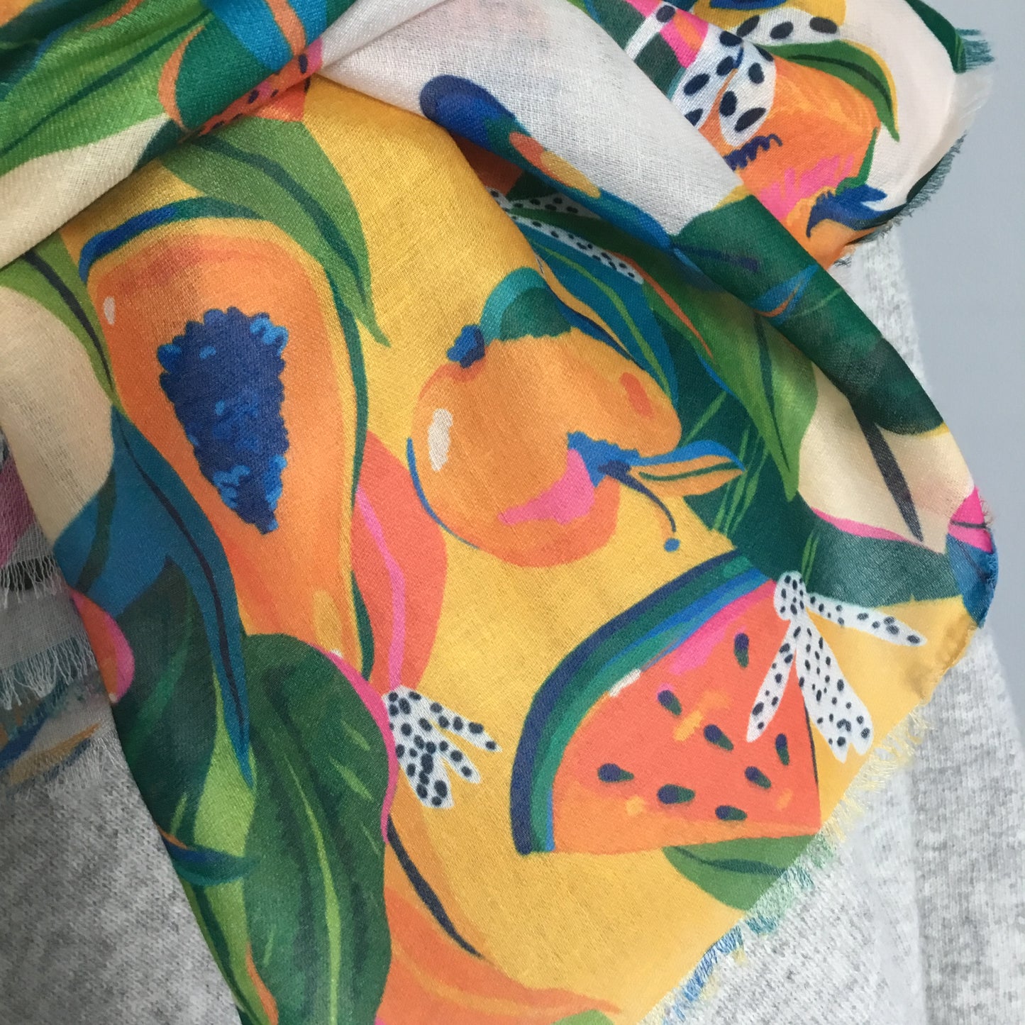 Tropical Fruit Print frayed edge scarf