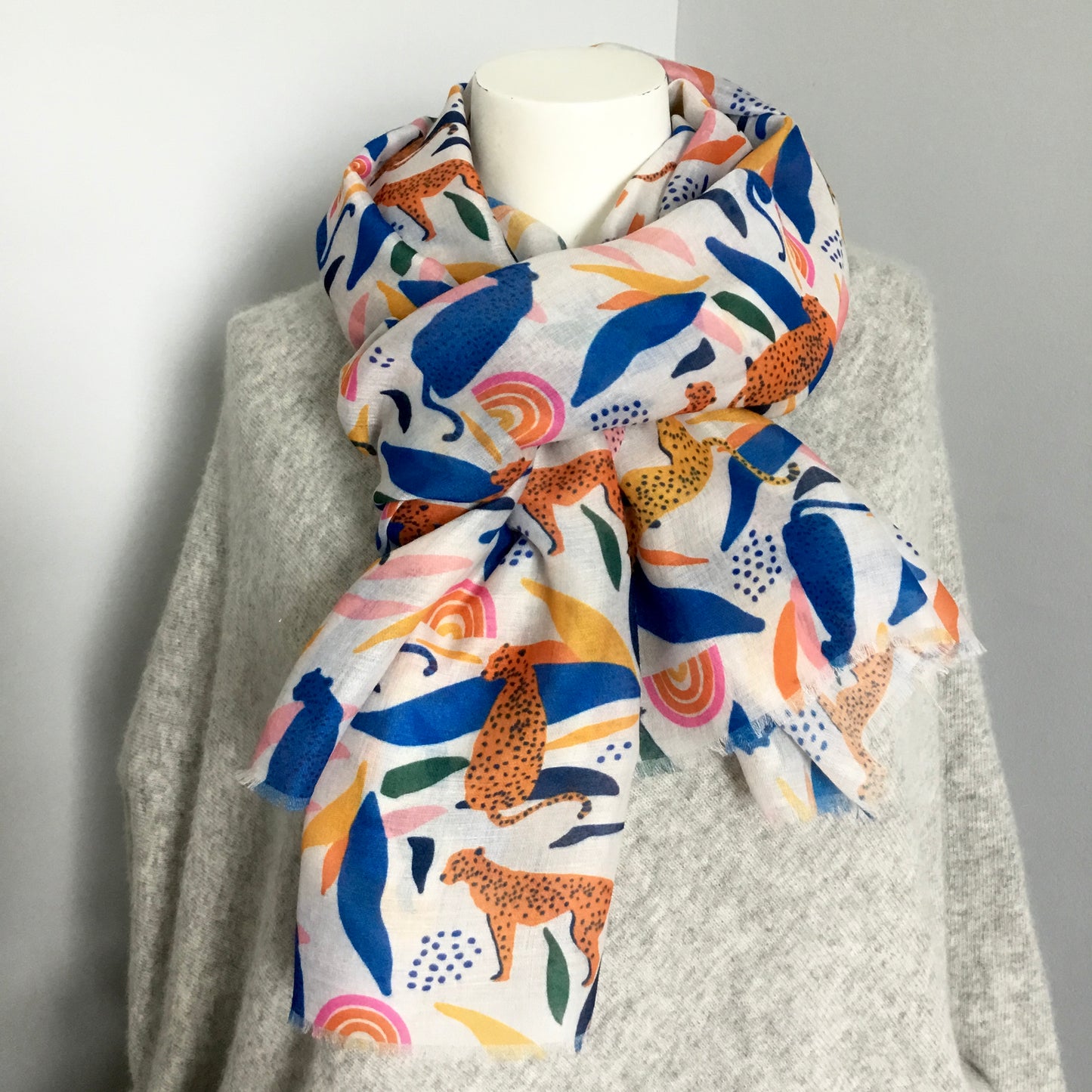 Vibrant Leopard and Rainbow Print frayed scarf