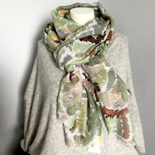 Abstract Leaf Design Frayed Edge Scarf.